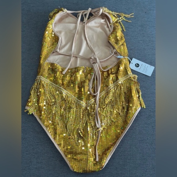 NWT Gold Sequin Fringe Bodysuit - Picture 2 of 4